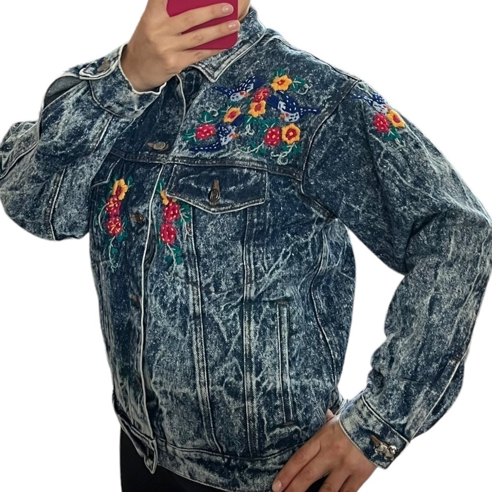Las Manos Women’s Bohemian style hand embroidered Denim Jean Jacket Size Large
